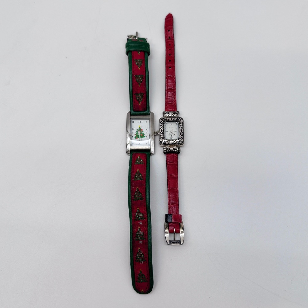Premier Design & Unbranded Watch Lot Women OS Red Green Xmas Tree Theme Untested